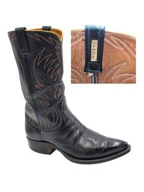 1950s? Vintage Justin Boots Black Leather Mens 10.5D Snip-toe Cowboy Western USA